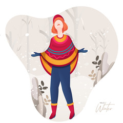 Faceless woman character enjoying snow falling on nature view background for Hello Winter.