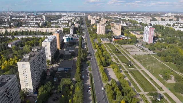 Aerial view. The city is a garden designed during the time of socialism. Large spaces and magnificent avenues, panel boxes of doi and lots of greenery. Tolyatti in the Samara region.