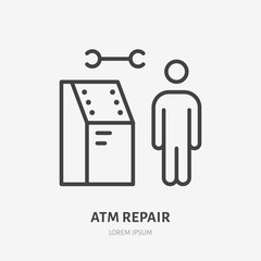 Atm repair flat line icon. Payment terminal vector illustration. Thin sign of repairman, software developer pictogram