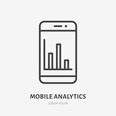 Mobile phone analytics flat line icon. Data analysis vector illustration. Thin sign of business diagram on smartphone screen