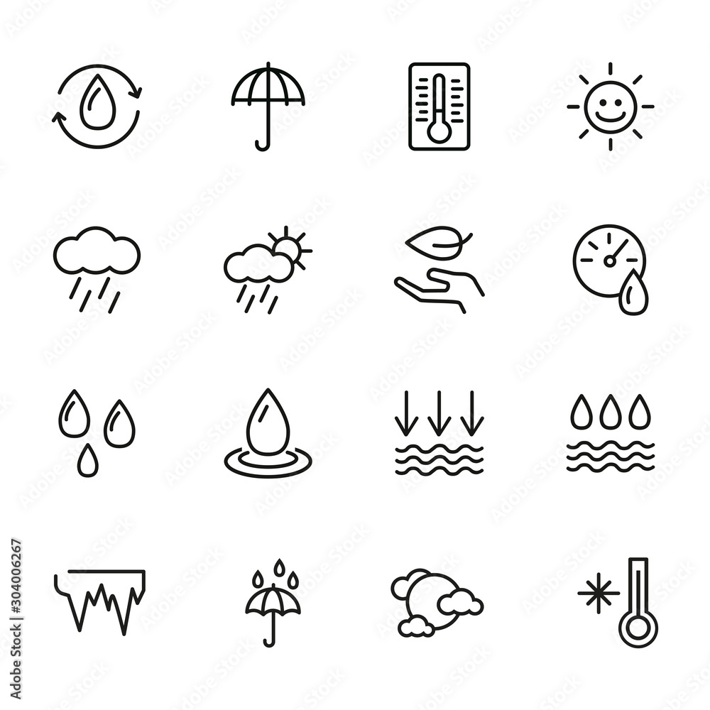 Poster forecasting line icon set. set of line icons on white background. environment concept. rain, cloud, 