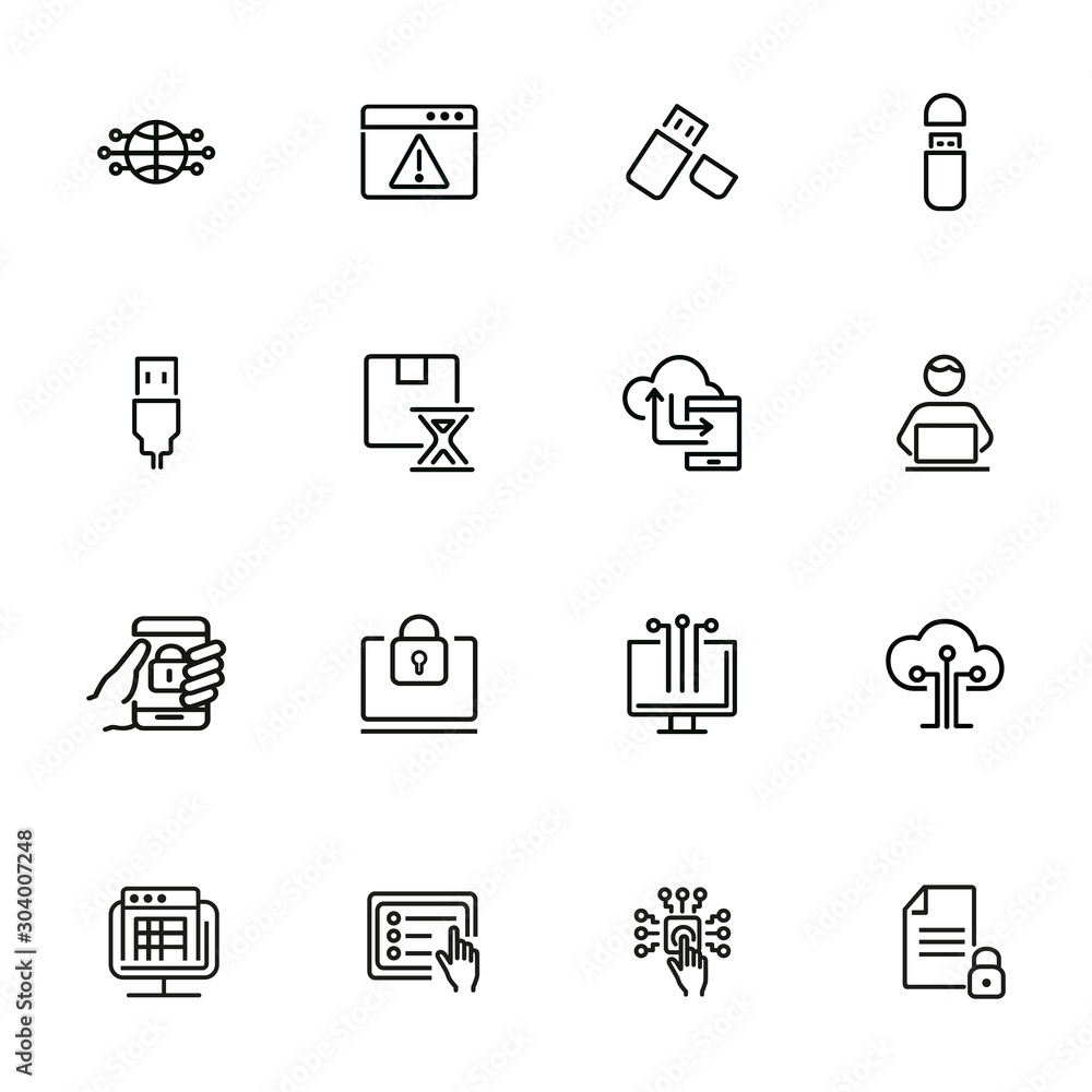 Poster hacking line icon set. programmer, computer, memory stick. information technology concept. can be us