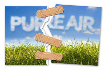 Pure air concept image against a green wild grass on sky background - concept image with adhesive...