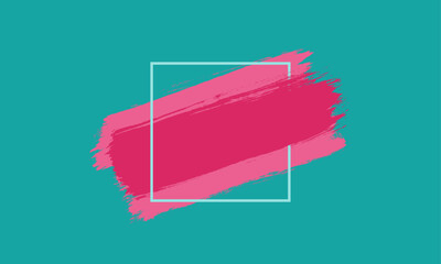 Teal background with pink paint strokes and square box with copy space for text