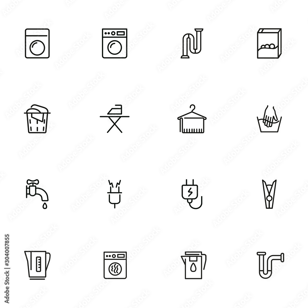 Poster Houseware line icon set. Set of line icons on white background. Iron, electricity, washing machine. Household concept. Vector illustration can be used for topics like house, home, technics