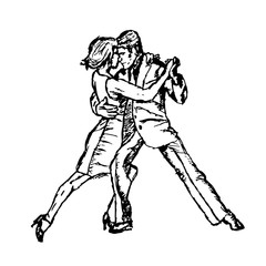 Dancing couple of people. Flat design, black line isolated on white. Vector image.