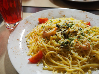 The main European dish has steaks and spaghetti.