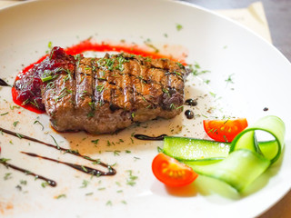 The main European dish has steaks and spaghetti.