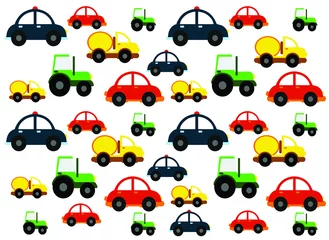Foto op Aluminium Autorace vier tekenfilmauto& 39 s voor kinderen (rood, geel, groen, blauw). kleine speelgoedauto