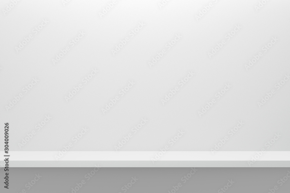 Aufkleber front view of empty shelf on white table and wall background with modern minimal concept. display of
