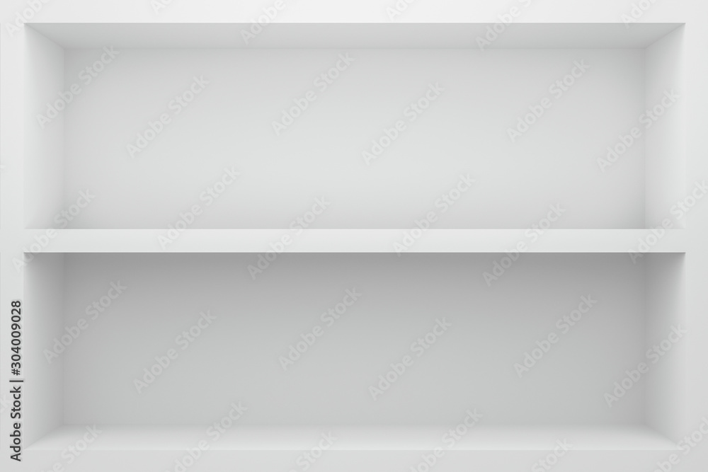 Fototapete Front view of empty shelf on white table showcase and wall background with modern minimal concept. Display of backdrop shelves for showing. Realistic 3D render.
