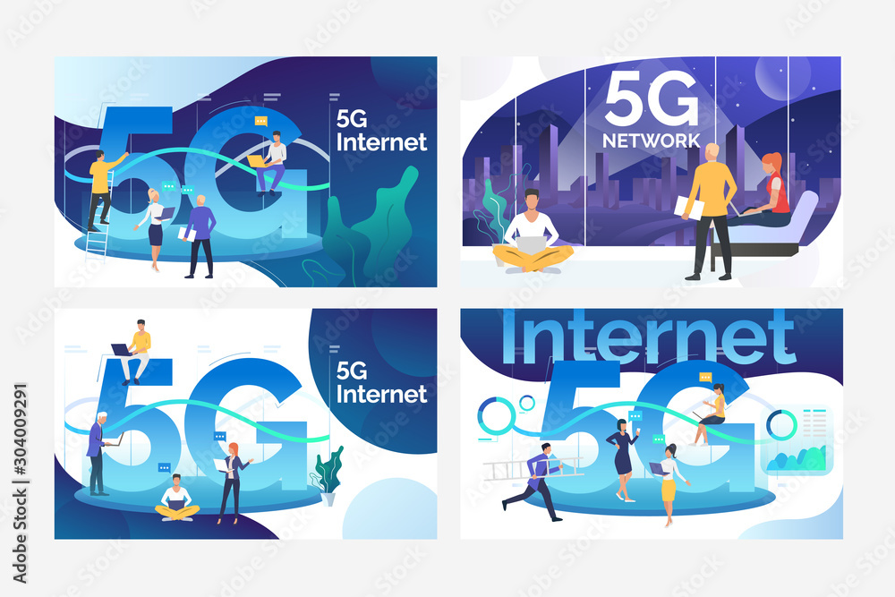 Poster high speed connection set. digital devices users using fifth generation network technology. flat vec