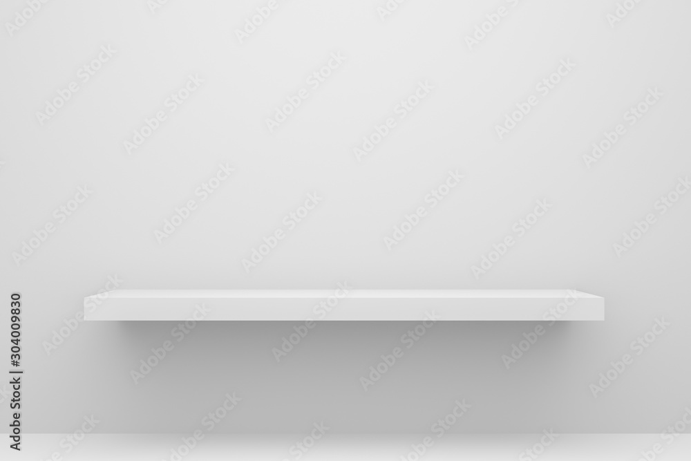 Fototapete Front view of empty shelf on white table and wall background with modern minimal concept. Display of backdrop shelves for showing. Realistic 3D render.