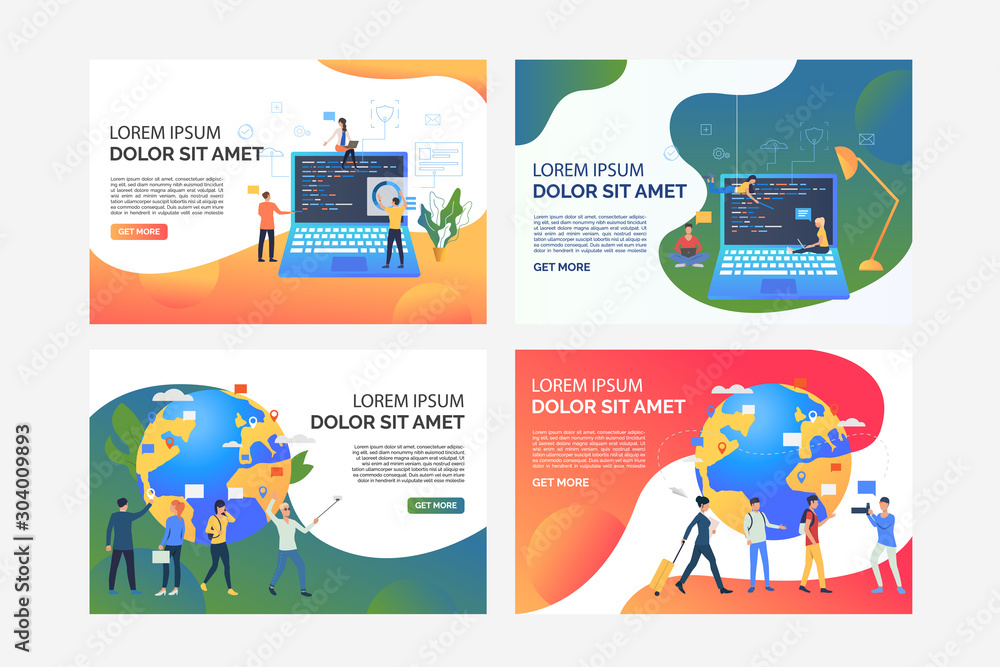 Poster software and travel set. developers coding for booking website, tourists using gadgets. flat vector 