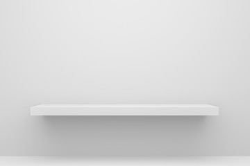 Front view of empty shelf on white table and wall background with modern minimal concept. Display...