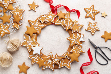 Gingerbread cookies wreath and Christmas decorations
