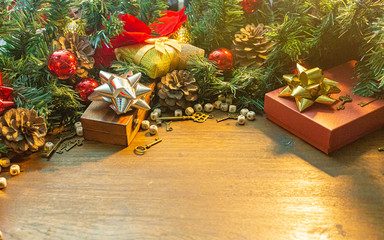 Christmas decorations on wood table for holiday content.
