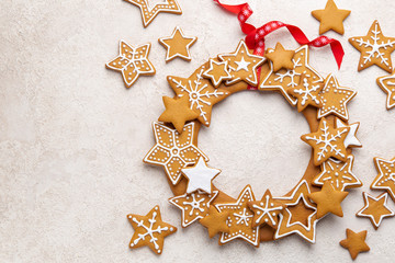 Christmas and New Year  Gingerbread cookies wreath.  Top view. copy space