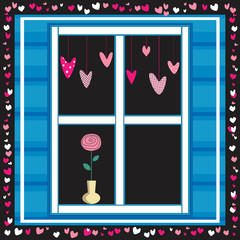 A window is decorated with hearts and a rose in a vase on a windowsill at night, a vector square card for Valentine's Day, wedding, date or anniversary