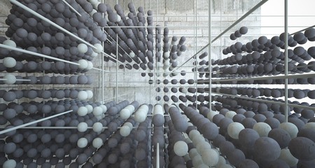 Abstract architectural concrete  interior  from an array of spheres with large windows. 3D illustration and rendering.