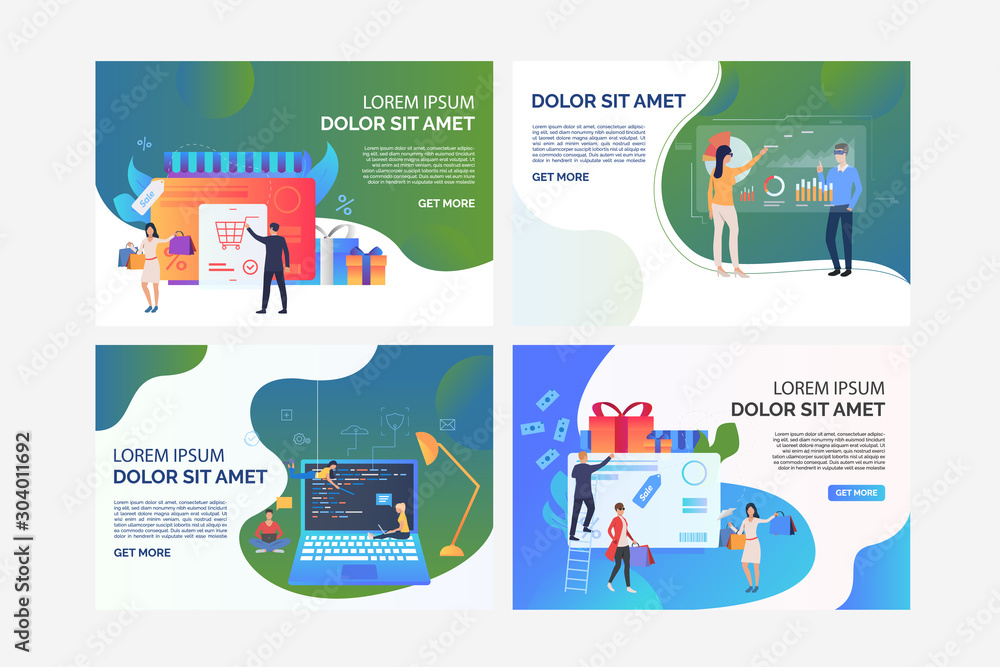 Poster set of illustrations of people shopping and analysing statistics. shopping, sale, software, coding. 