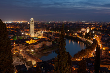 The skyline of the italian town Verona at night