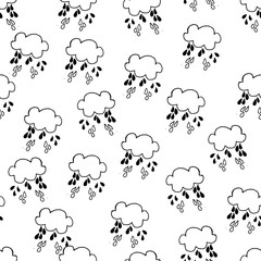 Abstract seamless pattern with clouds and drops. Pattern with rain on white background. Vector hand drawn texture. Illustration for wrapping paper, textile print and any other purpose