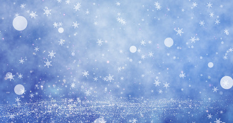 Snowflakes and bokeh lights on the blue Merry Christmas background. 3D render - 304012442