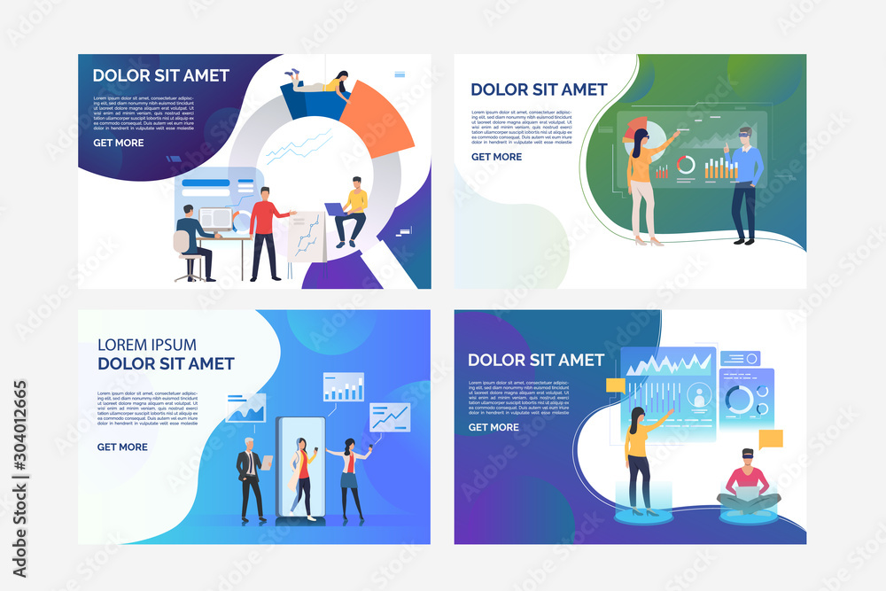 Poster set of images with people working virtually through internet. development, optimization, teamwork. f