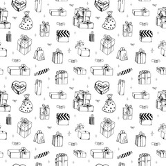 Gifts doodle pattern. Hand drawn gift boxes on transparent backdrop. Seamless vector background. Winter elements for design.