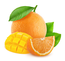 Composition with mix of fully ripened tropical fruits - mango and orange isolated on a white background with clipping path.