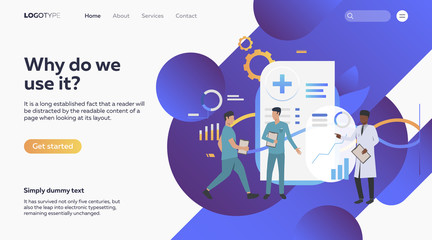Group of physicians discussing medical issues. Healthcare, statistics. Flat vector illustration with medical concept for banner, website design or landing web page