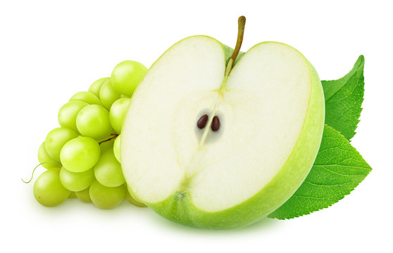Cutted apple with grape isolated on a white background.
