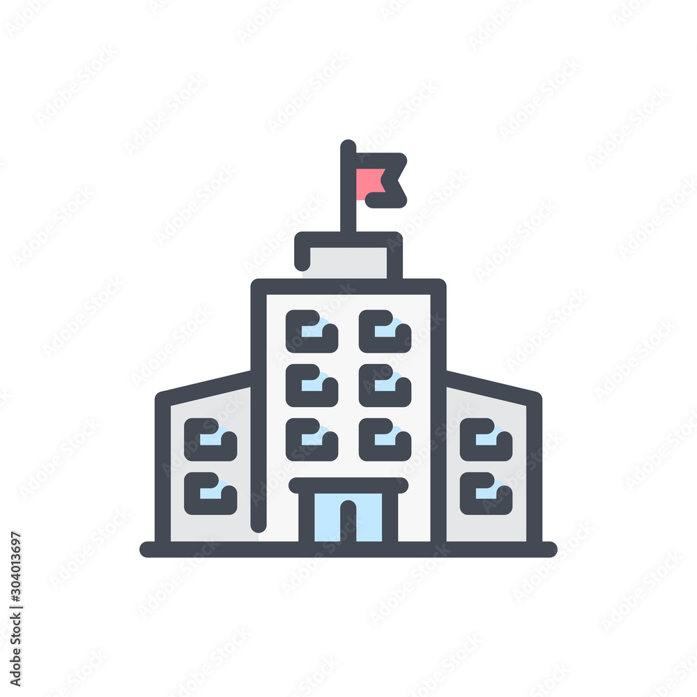 Poster school building color line icon. university vector outline colorful sign.