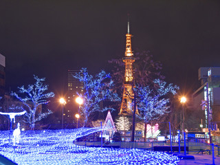 Illuminated Sapporo Tv tower and central park in the new year night