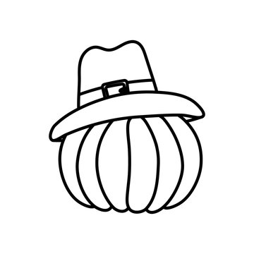 happy thanksgiving day pumpkin with pilgrim hat thick line