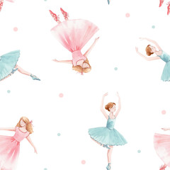 Watercolor seamless pattern with cute dancing girls ballet nutcracker ballerina clip art isolated illustrations © zenina