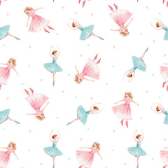 Watercolor seamless pattern with cute dancing girls ballet nutcracker ballerina clip art isolated illustrations - obrazy, fototapety, plakaty