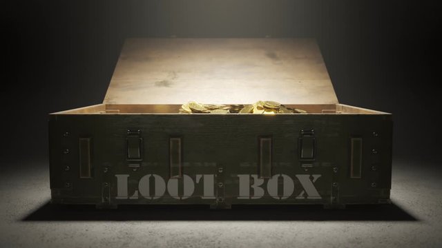Animation of a wooden loot box full of shiny gold coins. Old, military container