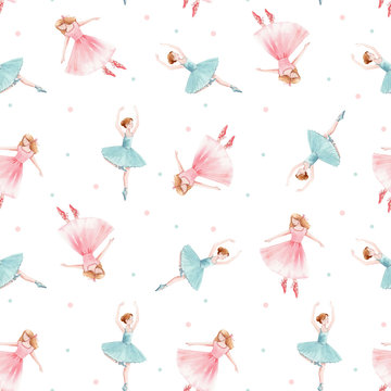Fototapeta Watercolor seamless pattern with cute dancing girls ballet nutcracker ballerina clip art isolated illustrations