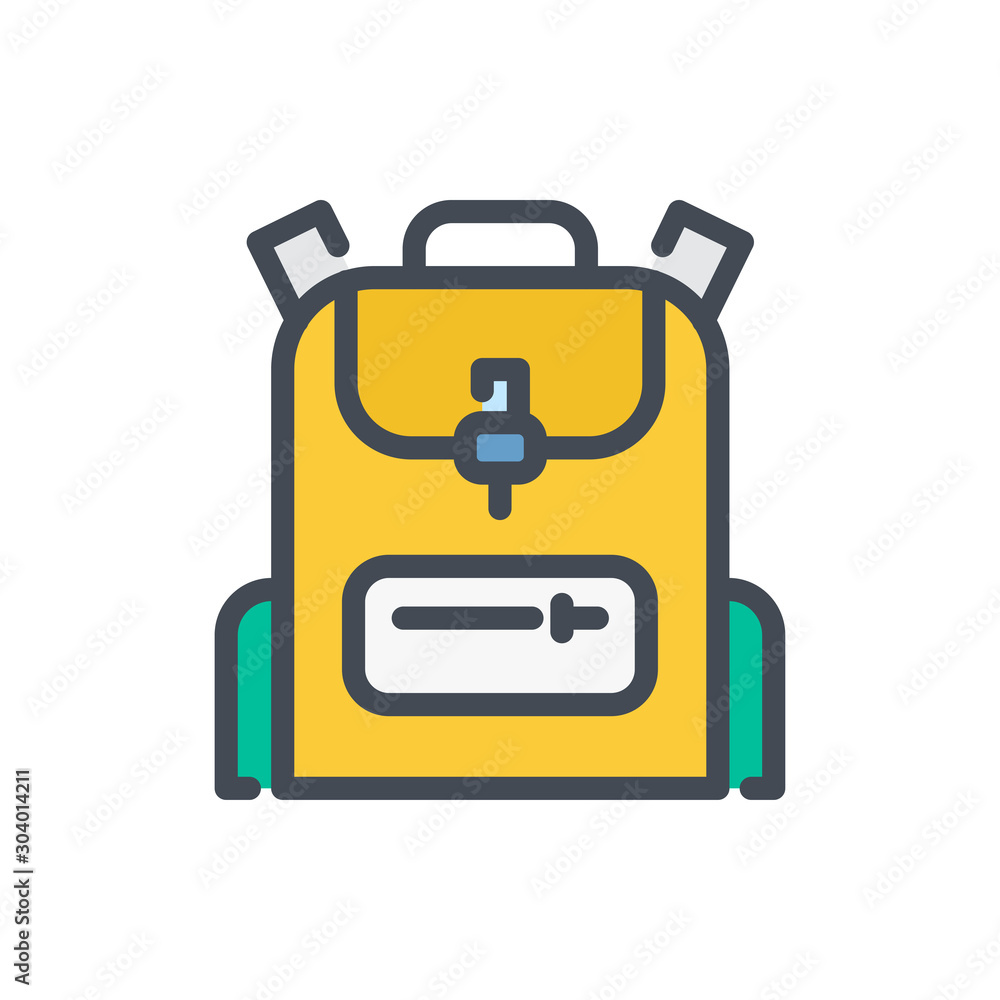 Poster backpack color line icon. school knapsack vector outline colorful sign.
