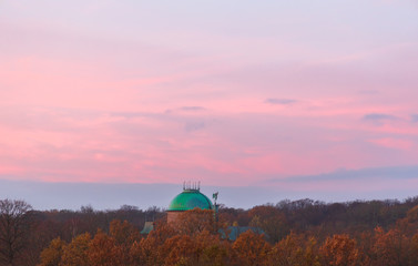 Sunrise view of the crematorium in Helsingborg, Sweden an early morning during autumn. 
