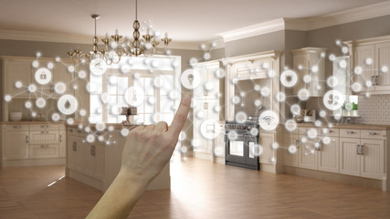 Glowing smart home interface, geometric background, connected line and dots showing internet of things system, hand pointing icons over kitchen interior, home automation concept