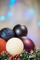 Christmas background with shiny colored toys.