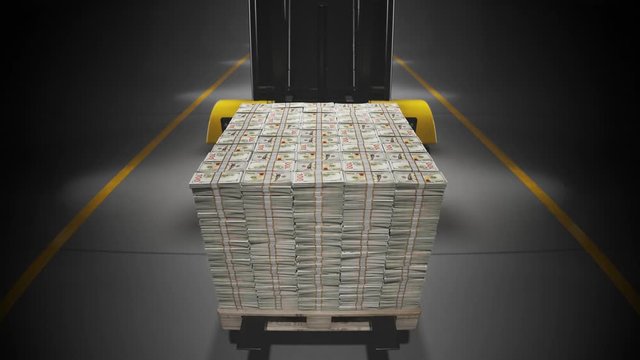 Yellow forkliftcarrying a pile of money on the wooden pallet in the warehouse.