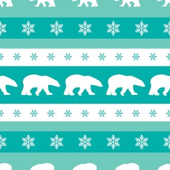 seamless winter pattern with white snowflakes, polar bears and deers with antlers.