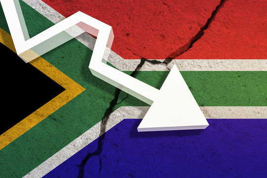 South Africa Flag on the cracked wall with arrow falling down. Concept of decrease in the country. 3D Illustration