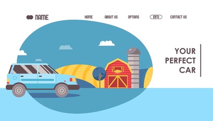 Car selling company website design, vector illustration. Landing page template for rental service, car hiring business. Flat style rural landscape on background