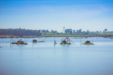 Thai style fishing trap. Fishing village in Thailand. Traditional Thailand fishing