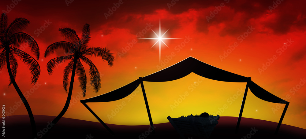 Canvas Prints Christmas time. Manger with baby Jesus and star of Bethlehem. Copy space.